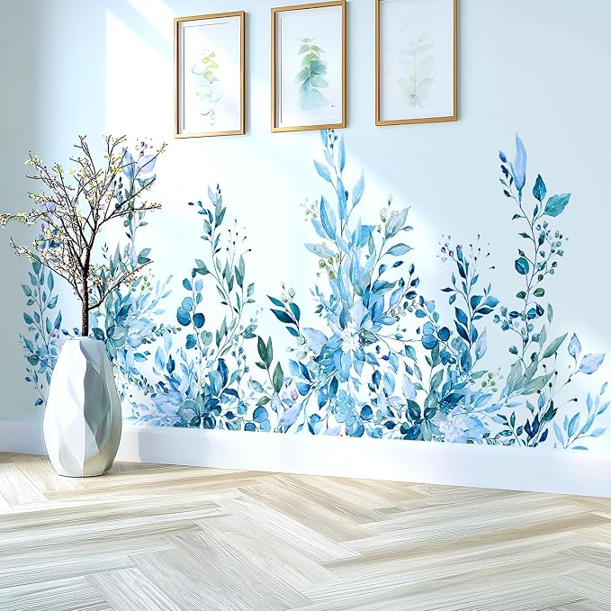 Blue Plants Leaves Wall Decals Peel and Stick, Large Floral Flowers Vinyl Wall Stickers, Removable Vine Home Decor Art for Bedroom Living Room Classroom Office - Image 5