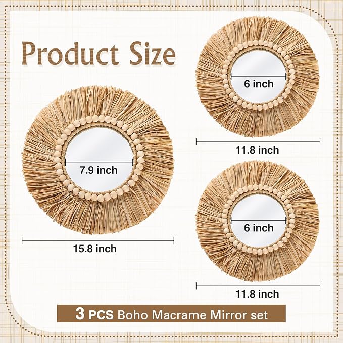 3 Pcs Boho Raffia Round Mirror Wall Hanging Decor with Wood Bead - Image 2