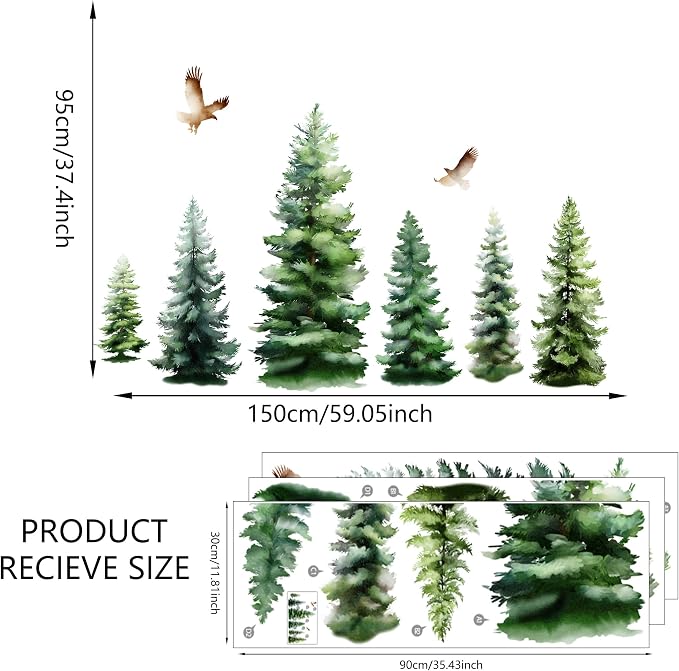 Watercolor Pine Trees Wall Decal, Peel and Stick Forest Decals Mural, Wilderness Wall Art Stickers for Kids, Boys and Girls Room, Bedroom & Toddler Room Decor (Christmas Woodland Wall Decal 88) - Image 2