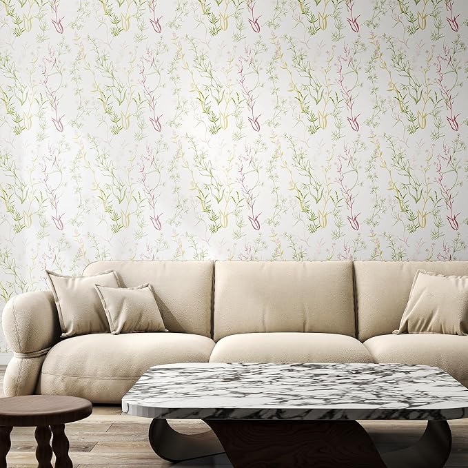 Timeet Floral Wallpaper Peel and Stick Botanical Wildflower Self Adhesive Wall Paper Removable Plant Vine Contact Paper for Living Room Bedroom Accent Decor 17.3" x 200" - Image 3