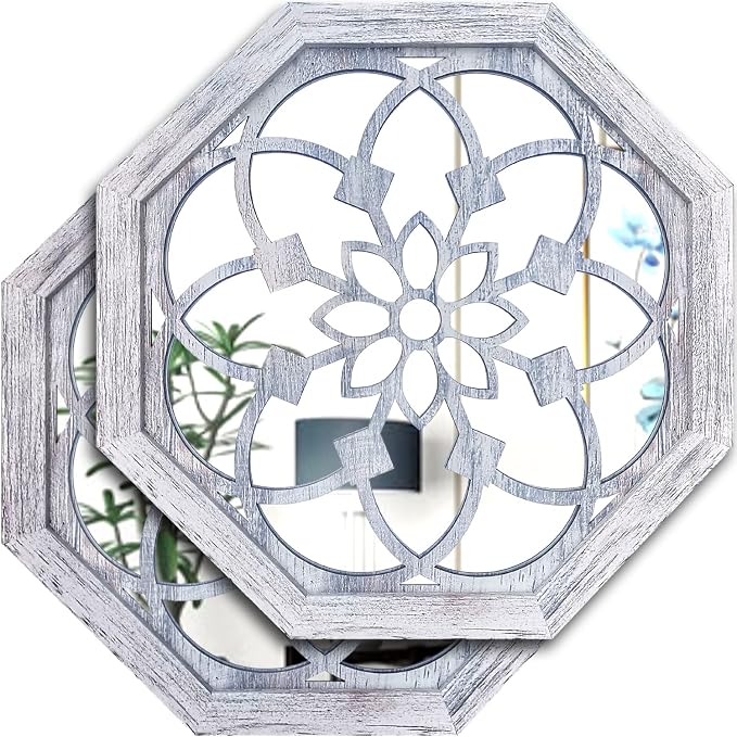 ZOLAPI 2 PCS 20inch Octagon Wall-Mounted Mirrors,Vintage Farmhouse Mirror for Wall Decor,Rustic White Color Decorative Accent Mirror for Foyer, Bathroom, Bedroom. (20”x20”) by ZOLAPI
