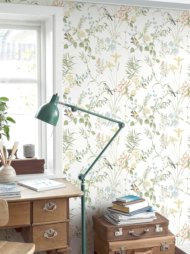 Erfoni Boho Floral Peel and Stick Wallpaper Green Floral Birds Wallpaper | 16.9" x197" DIY Self Adhesive Wallpaper Removable Wallpaper for Accent Wall Decor Modern Flower Leaf Contact Paper Vinyl Roll - Image 5