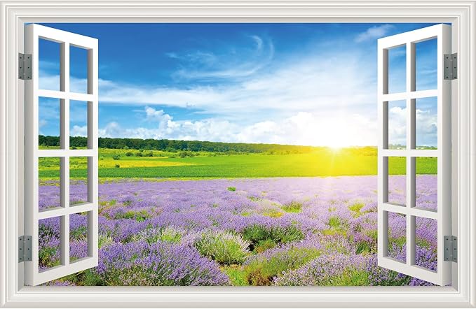 Fake Window Wall Decal- Summer Grassland Lavender Flower Open Wall Sticker | Faux Window Natural Scenery Landscape Mural｜Stick and Peel Wall Decals｜for Room Office Scene Decor｜48"x32",Set of 2 Sheets by Clickhere