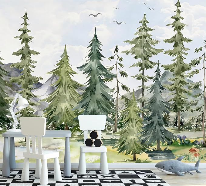 PYFFYP-Watercolor Cartoon Forest Pine Tree Peel and Stick Wallpaper Mural by PYFFYP