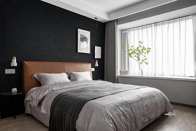 Safiyya 17.3 inch X 590 inch Wallpaper Black Silk Textured Wallpaper Peel and Stick Modern Solid Color Wall Paper Removable Contact Paper for Bedroom Vinyl Rolls - Image 5