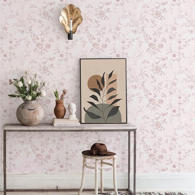 Ismoon Floral Wallpaper Peel and Stick Pink Stick on Wall Paper Vintage French Contact Paper for Cabinet Textured Removable Self Adhesive Wallpaper Vinyl Roll Shelf Deco, 17.3x393in - Image 6