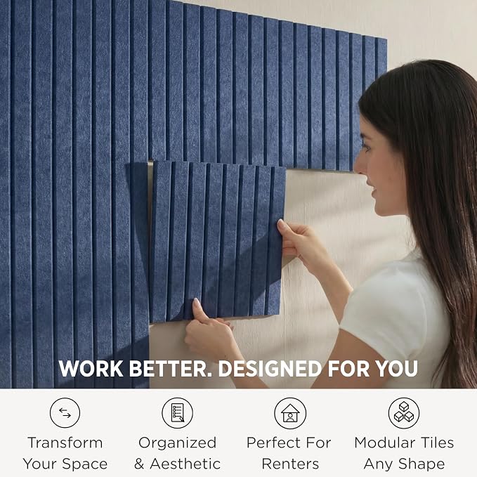 VIVELDA Felt Bulletin Board Tiles 48"x36" - 12-Pack Cork Board Alternative, OEKO-TEX Certified, NRC 0.95 Acoustic Felt Wall Panels, Damage-Free Adhesive, Slatted Design Home Office, Classroom (Indigo) - Image 2