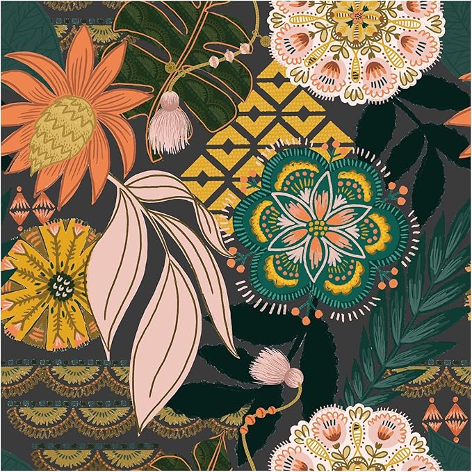 HAOKHOME Funky Peel and Stick Wallpaper Boho Tropical Floral Grey Vintage | Textured Removable Waterproof Renter Friendly Wall Paper Dark Gray Pink Green Banana Leaf Bathroom Bedroom 17.3in x 9.8ft by HAOKHOME