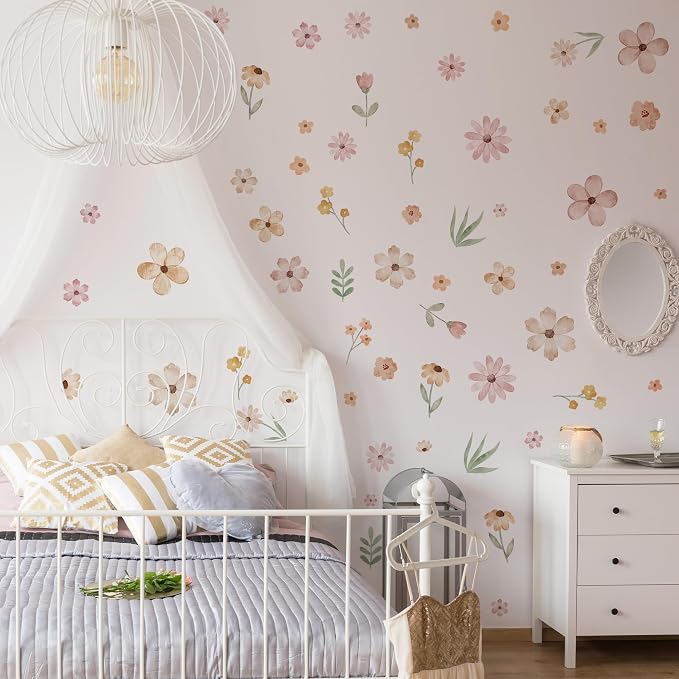 Boho Flower Wall Decals, Pink Watercolor Floral Art Sticker for Girls' Room, Bedroom, Nursery and DIY Cute Wall Decor (Cute Wildflower Decals) - Image 2