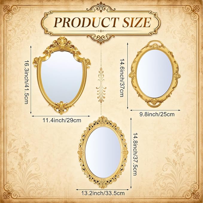 Beeveer 3 Style Vintage Mirrors Set Decorative Oval Wall Mirror Small Antique Mirrored Tray Decorative Hanging Mirror for Bathroom Bedroom Jewelry Organizer Victorian Decor (Shield,Gold) - Image 2