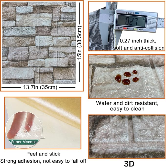 20PCS 3D Wall Panels Peel and Stick 3D Brick Wallpaper Peel and Stick Faux Stone Wall Panel Foam Brick Self-Adhesive Wallpaper(Rock,20pcs) - Image 5