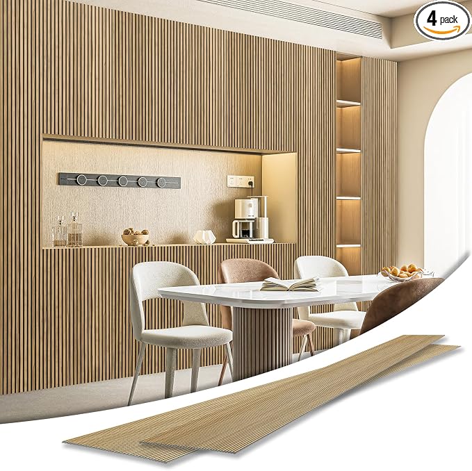Art3d Fine Bar Design Slim Slat Wall Panel, 104 x 12 Inch, 4-Pack, Teak | Lightweight, Wainscoting, Waterproof, Easy to Clean, Sturdy, Glue on, Elegant Style, for Bedroom, Office, Home Improvement by Art3d