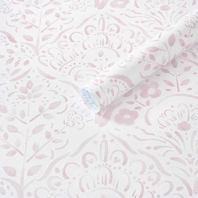 Dimoon Boho Peel and Stick Wallpaper Soft Pink Floral Contact Paper French Flower Wall Paper 362''x17.3'' Textured Self Adhesive Watercolor Damask Stick On Wallpaper for Bedroom Bathroom Decor Vinyl by DIYYOURMOON