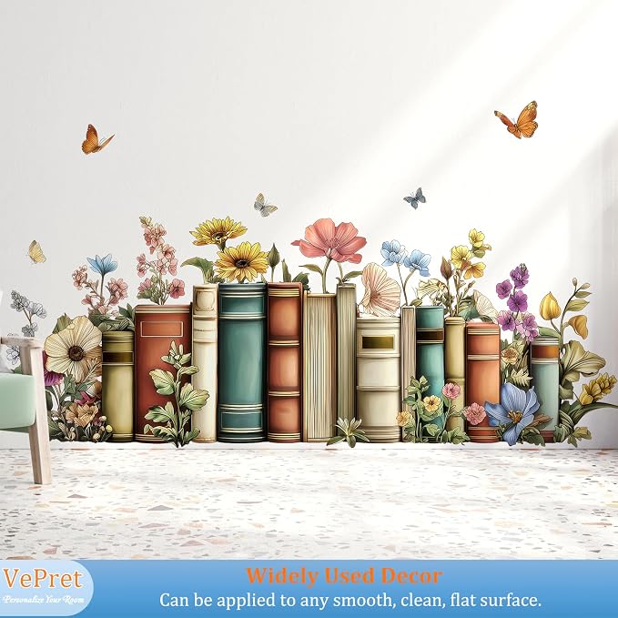 Vintage Books Floral Flower Butterfly Removable Wall Decals Decor Art | Vintage botanical butterflies vinyl peel and stick removable wall stickers & murals for bedroom lLiving room library office - Image 7