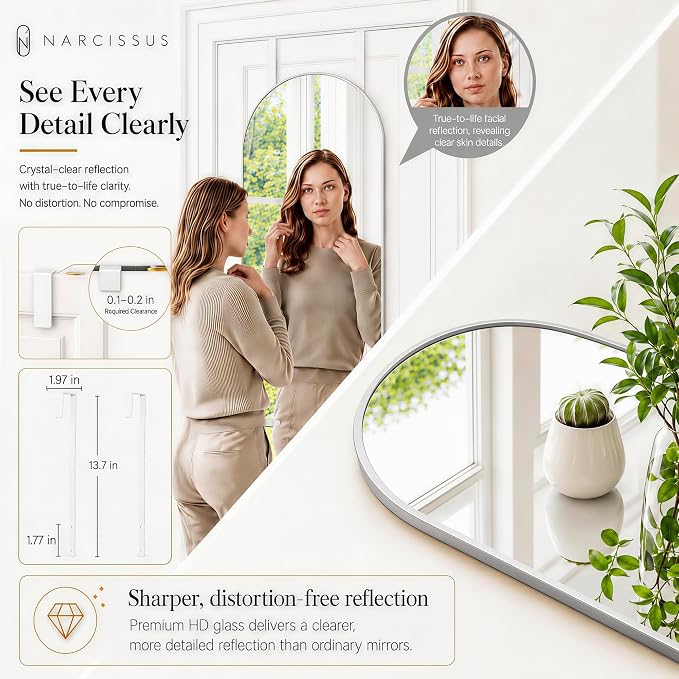 NARCISSUS Full Length Mirror 57x20 Inch, Over The Door Mirror with Stand, Wall Mounted or Freestanding/Door Hanging Full Body, Aluminum Alloy Frame, Silver - Image 8