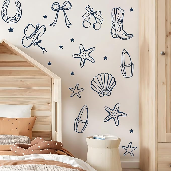 Seaside Cowgirl Wall Decals, Peel and Stick Under the Sea Coastal Cowgirl Mural, Western Beach Wall Stickers for Kids, Boys and Girls Room & Nursery Decor (Dark Blue Cowgirl Bow Wall Decals) - Image 3