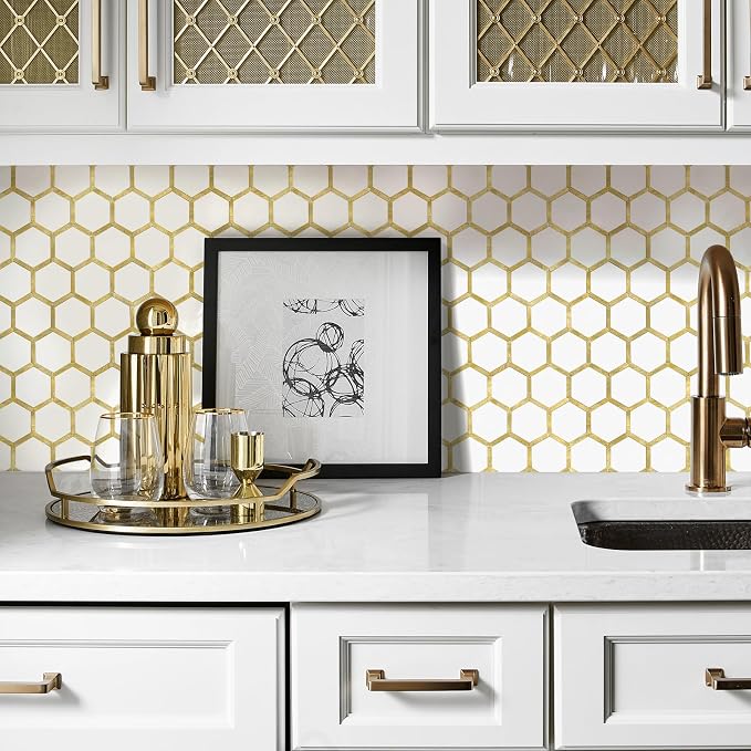 STICKGOO Hexagon Peel and Stick Backsplash Tile, Stick on Backsplash for Kitchen and Bathroom, Pure White PVC Mixed Metal Gold Self Adhesive Wall Tiles(10 Sheets, Seamless) - Image 6