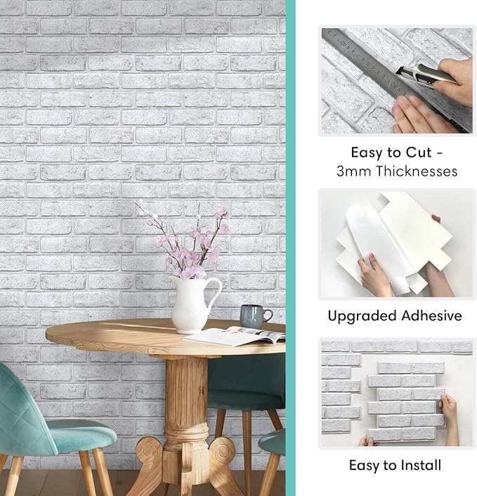 Commomy Faux Brick Wall Panels Peel and Stick Thin PVC 10 Pcs 11.8" x 11.8" | Small Size Thin PVC Quick Grey Spots White Brick Wall Covering Home Decor for Fireplace,Home Office (Covers 9.7 sq.ft) - Image 5