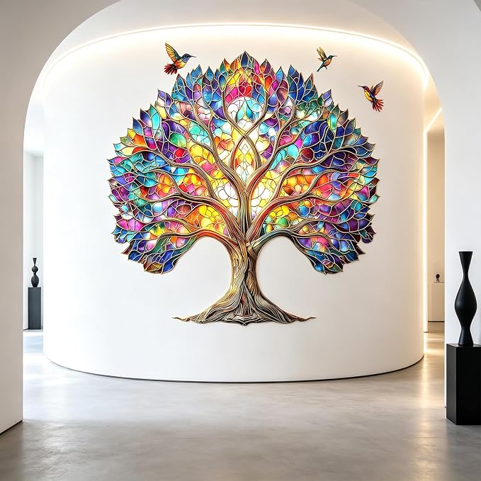 Stained Glass Tree of Life Birds Peel and Stick Wall Decals Decor Stickers | Vibrant colorful hummingbirds tree leaves roots removable vinyl wall art & murals for bedroom living room classroom office - Image 5