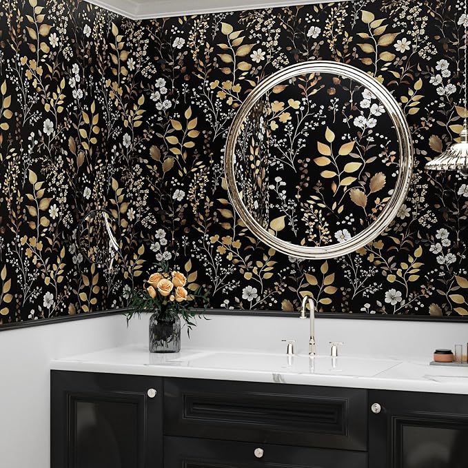 Laatse Vintage Dark Floral Gold Leaf Peel and Stick Wallpaper 17.5"x393" | Self Adhesive/Removable/Waterproof/Thick Vinyl Contact Paper for Bathroom Bedroom Shelf Cabinet Drawer,Prepasted,Easy Peel - Image 7