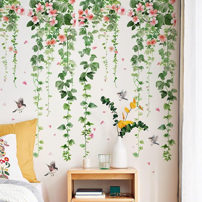 4 Sheets Green Plants Flower Wall Decals Hanging Vine Green Leaves Wall Stickers Watercolor Pink Flowers Wall Art Nature Removable Peel and Stick Wallpaper for Kids Bedroom Nursery Home Decoration 21 - Image 7