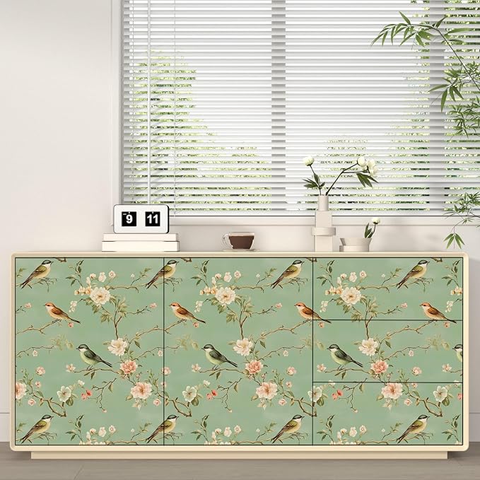 Laatse Vintage Floral Bird Wallpaper Peel and Stick 17.5" × 118", Green | Self Adhesive/Removable/Waterproof/Thick Vinyl Contact Paper for Bathroom Bedroom Shelf Cabinet Drawer,Prepasted,Easy Peel - Image 6