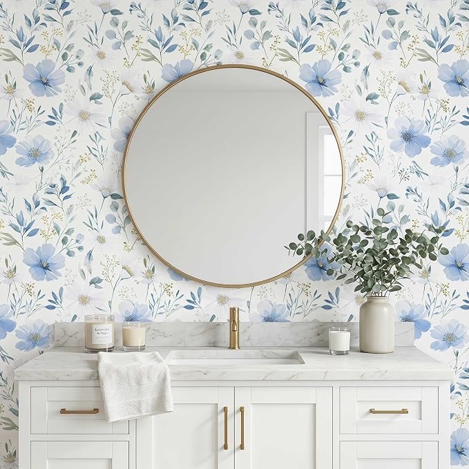 Light Blue Floral Peel and Stick Wallpaper, 17.7in x 70.8in | Self-adhesive and removable watercolor flower design for bedroom, living room, and accent wall - Image 4