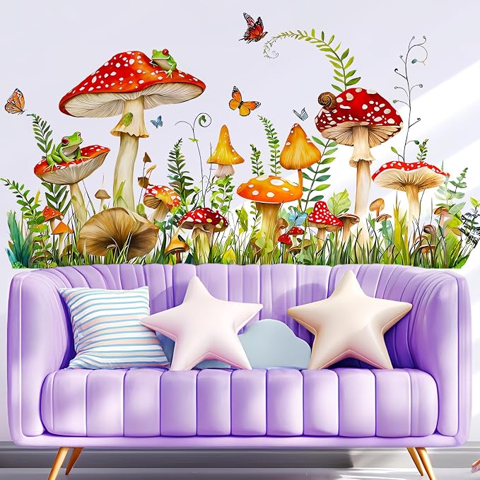 Mushroom Frog Butterflies Grass Woodland Forest Wall Decals Decor Stickers | Red spotted mushrooms fern leaves peel and stick wall stickers mural, removable vinyl wall decoration for living room bedroom - Image 3