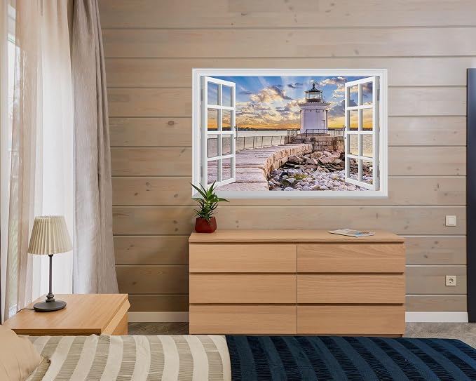 FLFK Fake Window Wall Mural - Shoreline Lighthouse Faux Window Wall Sticker, Stick and Peel Wall Decals, 48"x32", Set of 2 Sheets - Image 4