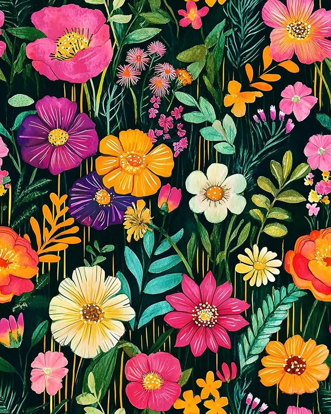 BOKEBEVE Floral Wallpaper Peel and Stick Boho Green Colorful 17.5 x 196.5In | Removable Self Adhesive Renter Friendly Vintage Flower Wall Paper for Bedroom Bathroom Living Room Feature Accent Wall by BOKEBEVE