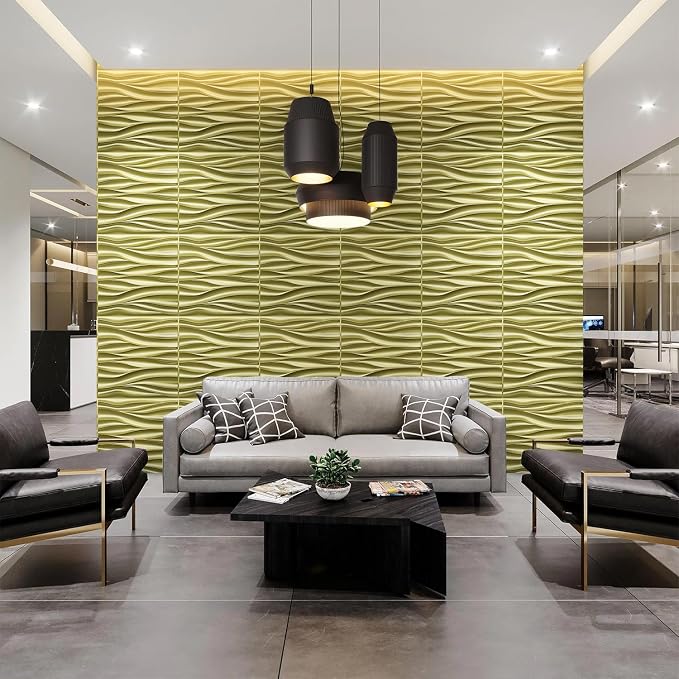 STICKGOO 3D Wall Panels, Champaign Gold Wave Design, 19.7''x19.7'' | PVC Accent Wall Panels for Interior Wall Decor, Living Room, Lobby Bedroom Hotel Office, Pack of 12 - Image 3