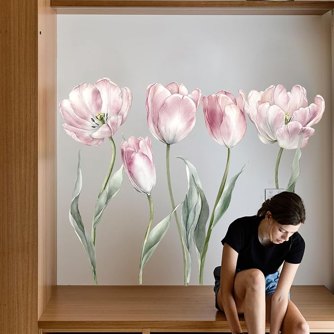 Flower Wall Decals - Peel and Stick Large Tulip Floral Flowers Wall Stickers,Removable Flower Home Decor Art for Living Room, Bedroom, Nursery Decor Wall Corner Decor (Tulip Wall Decals) - Image 5