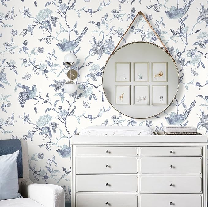 Timeet Peel and Stick Wallpaper Vintage Floral Contact Paper Blue and White Birds Wallpaper Removable Self Adhesive Flower Wall Paper for Bedroom Living Room 16.14"x393.7" - Image 5