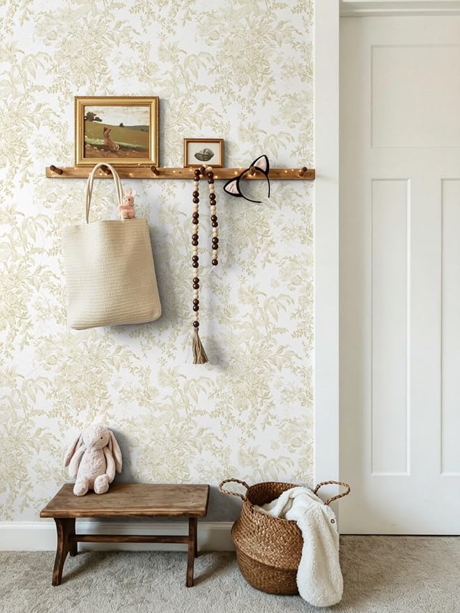 Heroad 17.3''X393'' Floral Peel and Stick Wallpaper Boho Beige Contact Paper Toile Leaf Wall Paper Removable Self Adhesive Stick on Wallpaper for Nursery Bathroom Bedroom Renter Friendly Vinyl Roll - Image 2