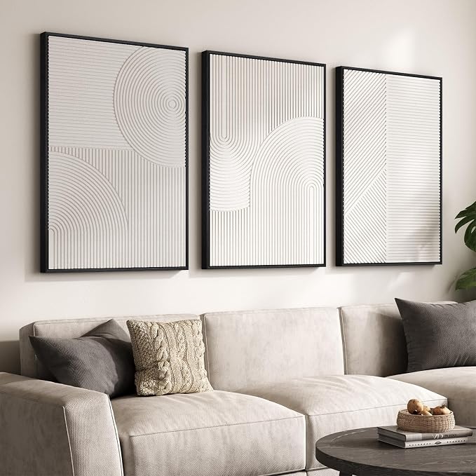 Large 3D Textured Modern White Abstract Wall Art for Living Room, 3 Piece | Solid Wood Framed Artwork for Walls, Set of 3 All White Texture Paintings, 24x36 In Big Pictures Wall Decor Bedroom Office by Cuspin