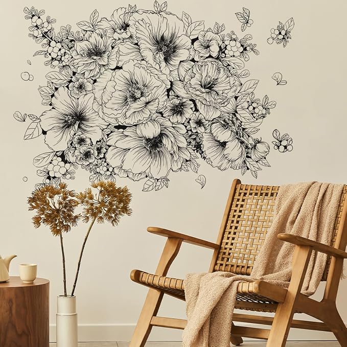 Runtoo Large Black and White Flower Wall Art Decals Boho Floral Wall Stickers for Bedroom Living Room Office Adult Home Decor - Image 3