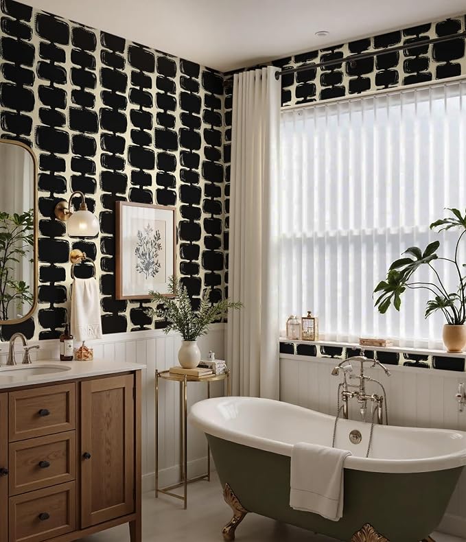 Safiyya Peel and Stick Wallpaper Black and Cream White Contact Paper Mid Century Modern Abstract Geometric Wall Paper Self Adhesive Removable Wallpaper for Bathroom and Bedroom Vinyl 17.3"x78.7" - Image 4