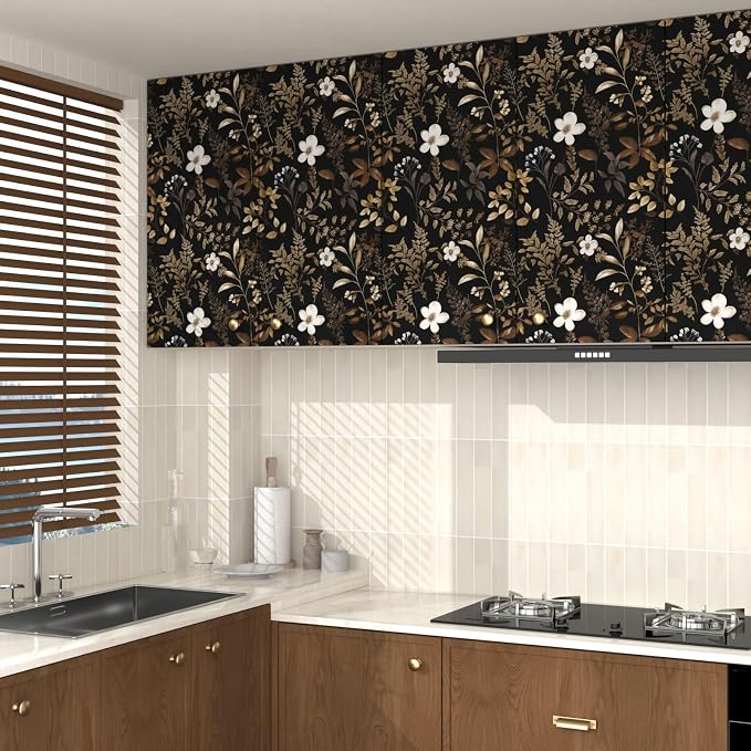 Laatse Floral Leaf Vintage Wallpaper Peel and Stick 17.5"x393", Gold Black | Self Adhesive/Removable/Waterproof/Thick Vinyl Contact Paper for Bathroom Bedroom Shelf Cabinet Drawer,Prepasted,Easy Peel - Image 8