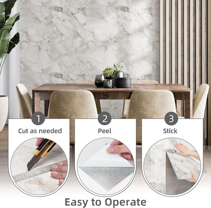 Vieshful 20pcs Peel and Stick Backsplash Tile，11.8"x11.8" Self Adhesive Marble Tile for Wall, PVC Waterproof Shower Wall Panels, Back Splash Stick on Tiles for Kitchen Bathroom, Champagne Gold - Image 5