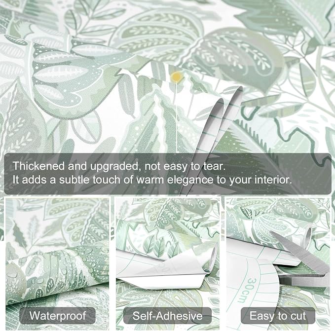 SOON AFTER Green Tropical Leaf Peel and Stick Wallpaper, 17.3" x 472" Removable &Waterproof Vinyl Contact Paper, Boho Jungle Leaf Self-Adhesive Wallpaper for Bedroom, Living Room, Cabinets - Image 3