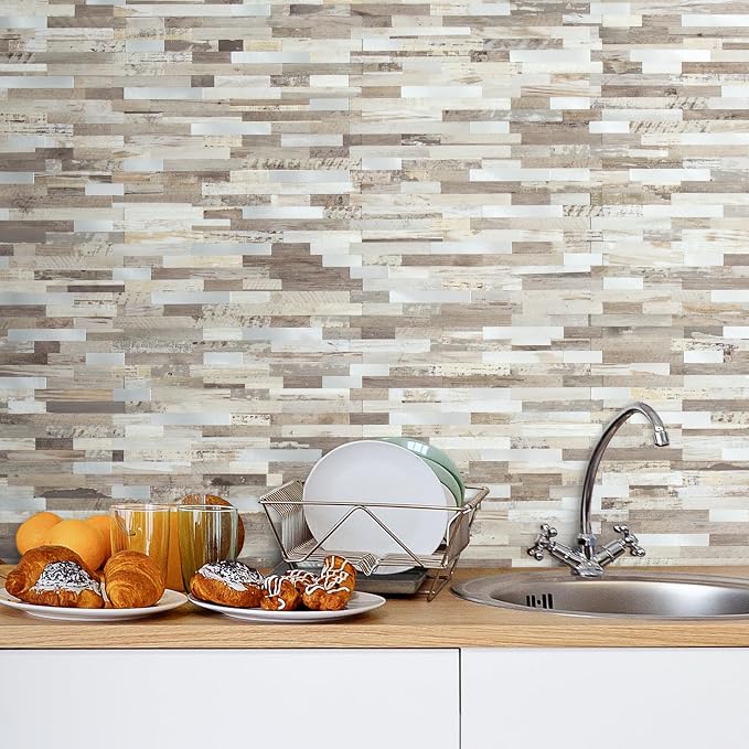 AULIGET 20 Sheets Peel and Stick Backsplash, Beige Wood Look PVC Mixed Metal Stick on Backsplash Tiles for Kitchen - Image 6
