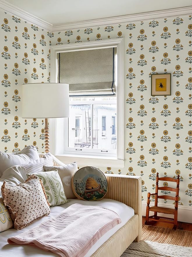 Vintage Floral Wallpaper Floral Peel and Stick Wallpaper for Bathroom 196"×17.3" Daisy Wall Paper Yellow and Green Cottagecore Contact Paper for Nursery Kitchen Self-Adhesive Vinyl Waterproof - Image 4