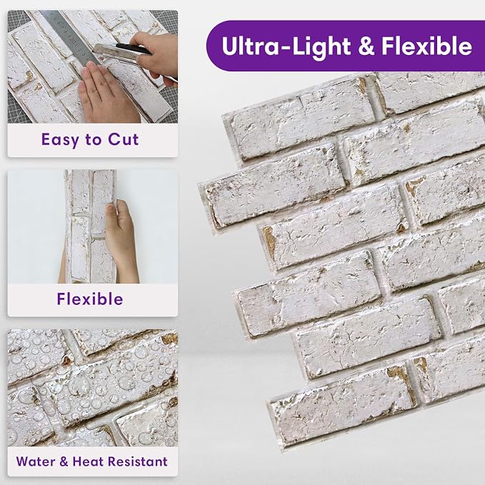 3D Faux Brick Wall Panels Peel and Stick, Designed for Quick DIY | Warm Whitewash, 10 Pcs 11.8" x 11.8", Small Brick-Look, Ultra-Light PVC Fake Brick Covering for Wall Decor, Cover 9.7 sq ft - Image 5