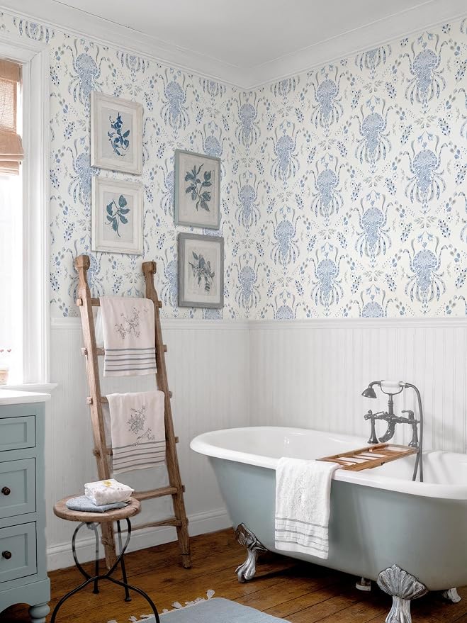 Dimoon Blue Peel and Stick Wallpaper Coastal Contact Paper Bathroom Ocean Beach Wallpaper Boho Jellyfish Renter Friendly Nautical Waterproof for Nursery Kitchen Bedroom Vinyl 17.3''x78.7'' - Image 2
