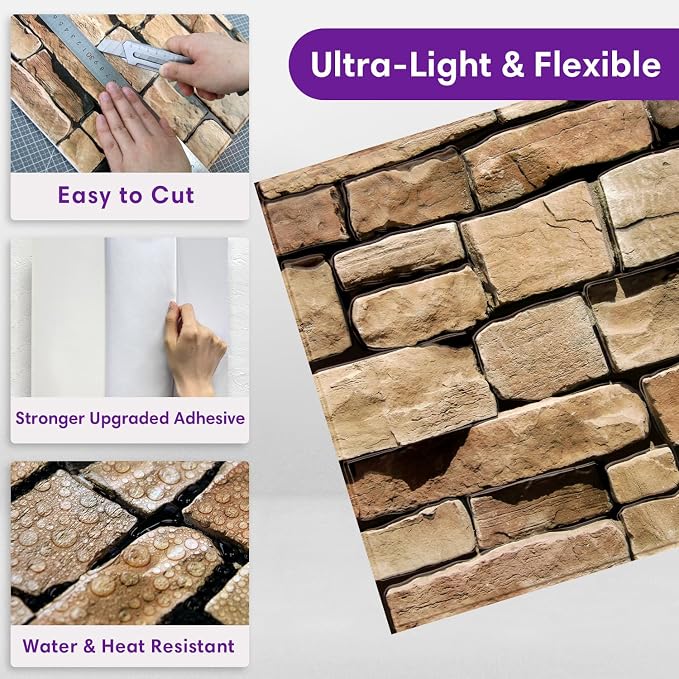 3D Faux Stone Wall Panels Peel and Stick, Designed for Quick DIY | Yellowish Brown, 10 Pcs 11.8" x 11.8", Stone-Look, Light PVC Fake Stone Covering Tiles for Wall Renovation, Cover 9.7 sq ft - Image 5