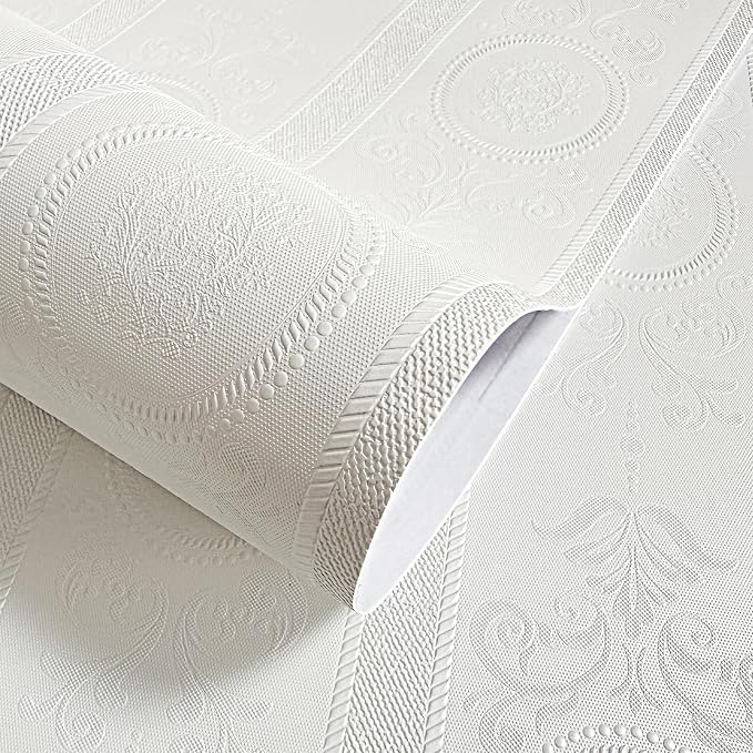 JiffDiff White 3D Embossed Textured Peel Stick Wallpaper 17.3"x800" | Removable Renter Friendly Contact Paper, Waterproof Self Adhesive Wallpaper for Bedroom, Bathroom, Decor,96 sq. by wallpaper