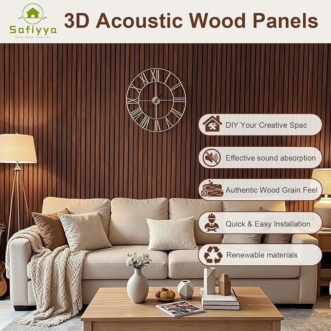 Safiyya 3-Piece 3D Thick Wood Slat Wall Panels for Interior Wall Decor 15.7 "x35.4", Self-Adhesive Acoustic Wall Panels for Stylish Decor and Noise Reduction, Walnut - Image 6