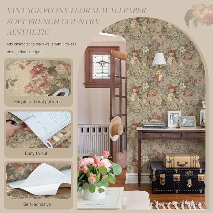 Peel and Stick Wallpaper for Bedroom Vintage Red Floral Self-Adhesive | 78.7"×17.3" Peony French Country Wallpaper Vintage Accent Wall Decor with Grid Lines for Nursery Bathroom Vinyl Waterproof - Image 6