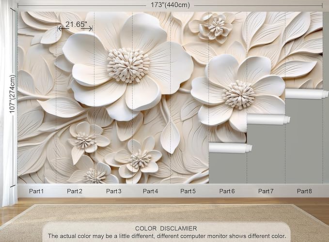 3D Relief Floral Peel and Stick Mural Wallpaper Magnolia Wall Mural | 173"x108", Self Adhesive Canvas, for Bedroom Living Room Bathroom, Seamless, No overlapping - Image 3