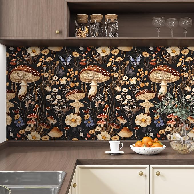 BOKEBEVE Mushoroom Wallpaper Peel and Stick Boho Black Brown 17.5 x 118In | Removable Self Adhesive Renter Friendly Vintage Floral Wall Paper for Bedroom Bathroom Cabinet Drawer Feature Accent Wall - Image 2